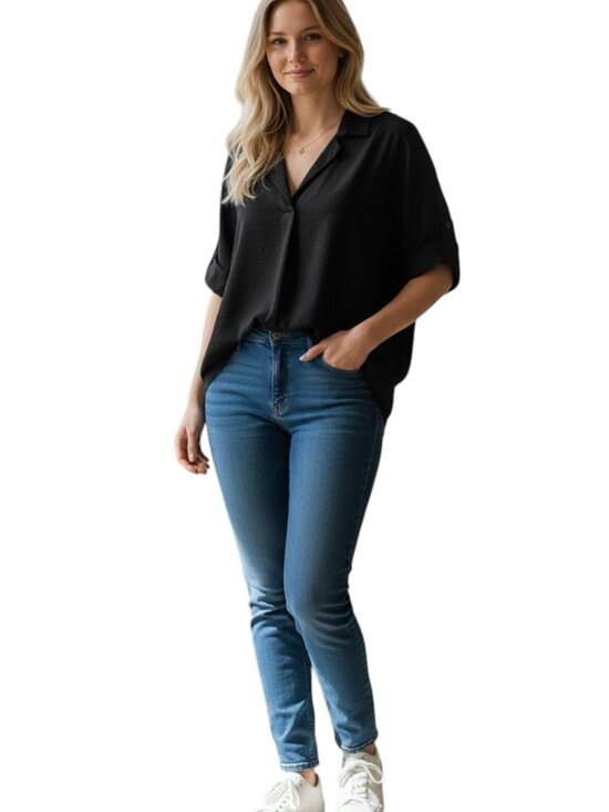 LUSH Tops - LUSH Black Collared V-Neck Blouse 100% Rayon High Low Back Button Shirt - XL/2XL